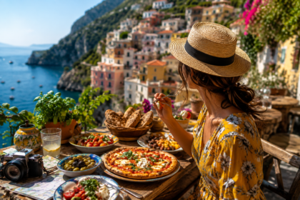 Traveller exploring a vibrant local food market as part of a culinary travel experience