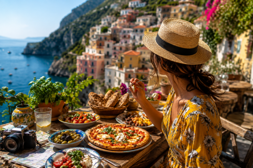 Traveller exploring a vibrant local food market as part of a culinary travel experience