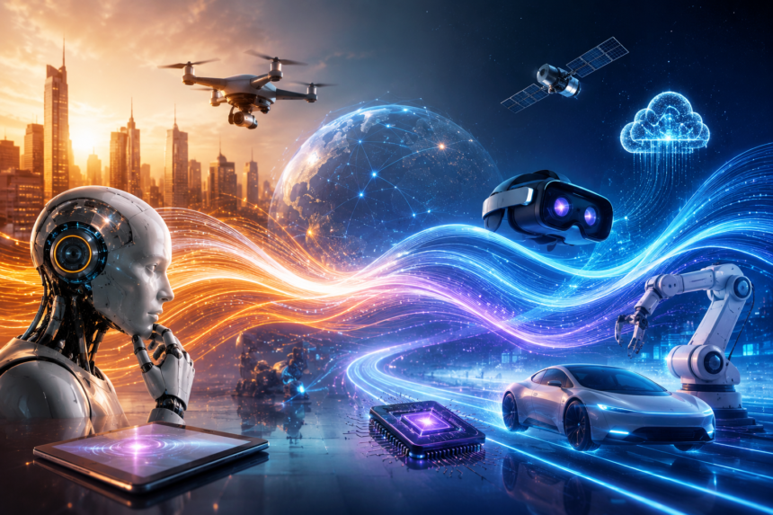 Illustration of modern technology trends showing AI, 5G, and connected device