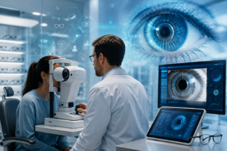 Optometrist using advanced technology for retinal imaging and vision diagnostics