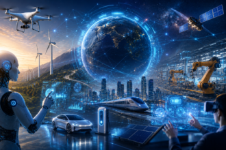 "Illustration representing the current state of technological evolution across AI, connectivity, and automation"