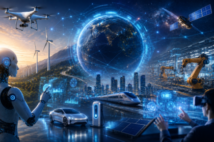 "Illustration representing the current state of technological evolution across AI, connectivity, and automation"