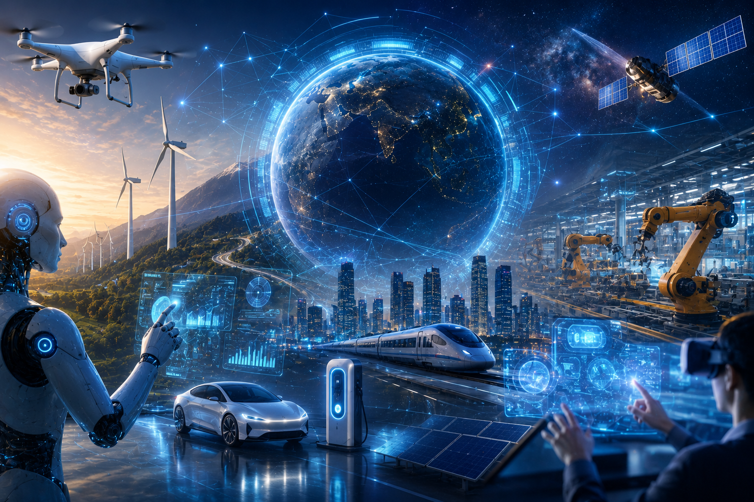 "Illustration representing the current state of technological evolution across AI, connectivity, and automation"