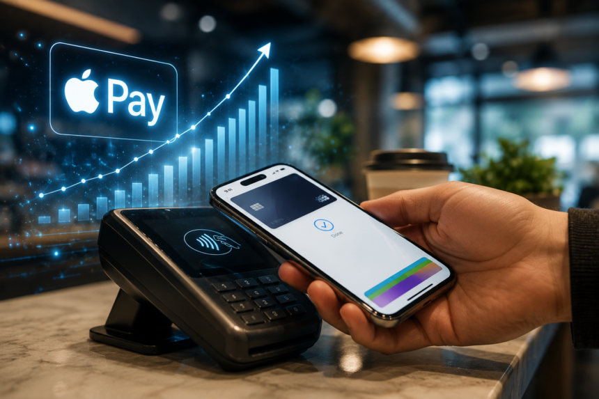 Smartphone displaying Apple Pay marking a major transaction milestone