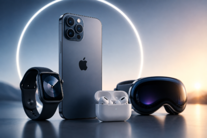 pple iPhone alongside AirPods and smart wearable devices showing deeper tech integration
