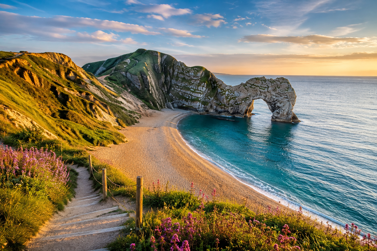 Golden sandy beach along the UK coastline with clear blue water