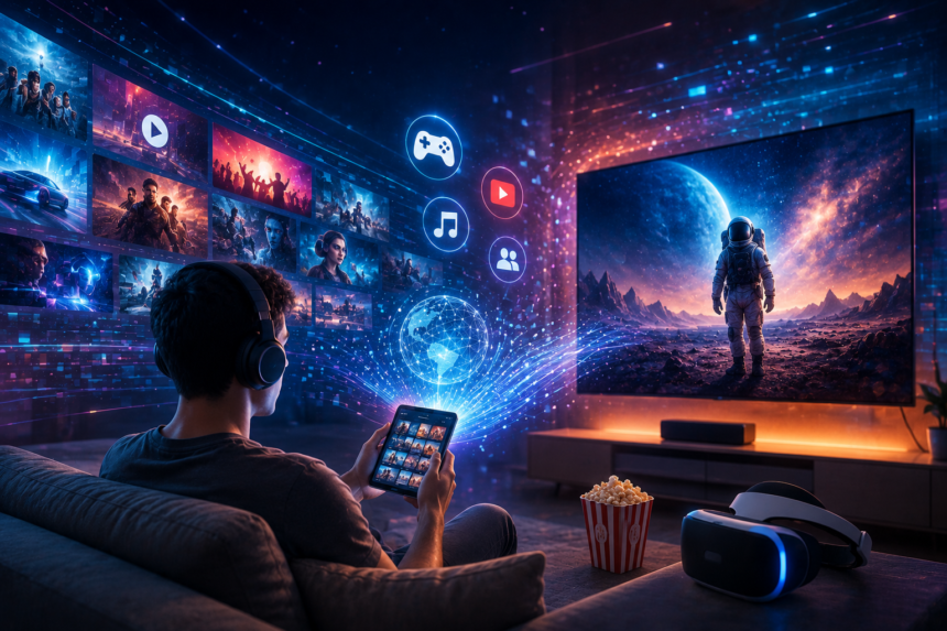 Person streaming digital entertainment content on multiple devices representing digital transformation in entertainment