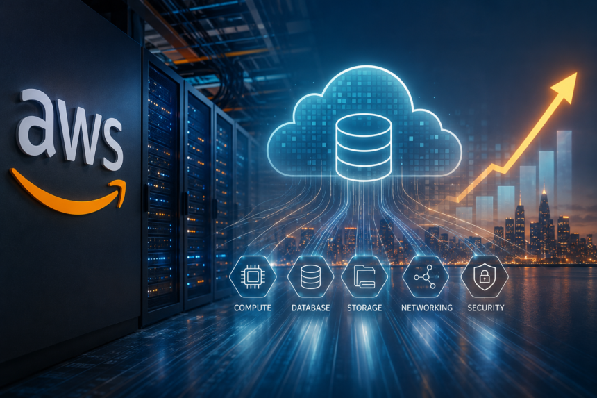 AWS data centre servers connected to cloud database infrastructure, with icons for computing, storage, networking and security, alongside a rising growth chart representing the expansion of cloud services.