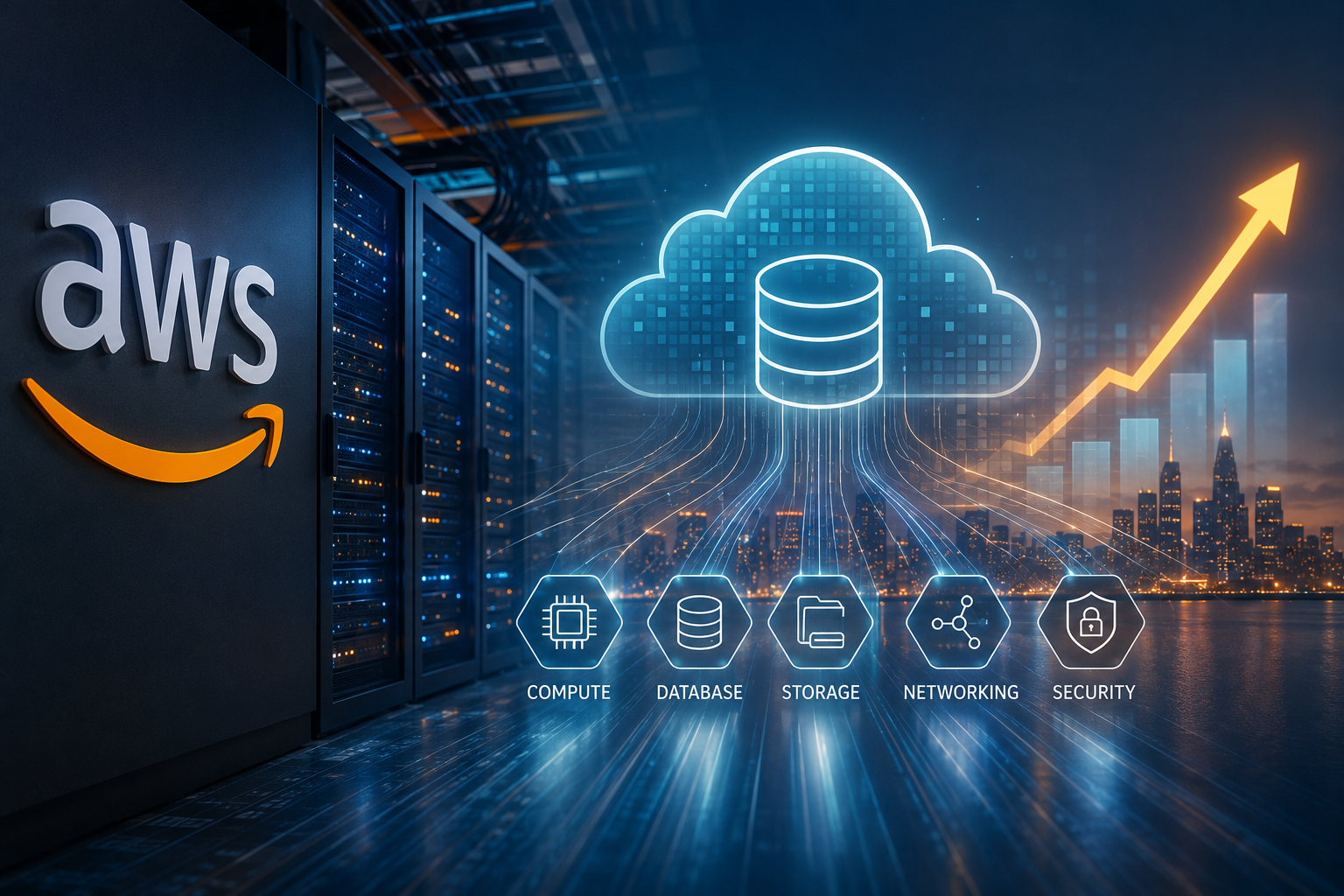 AWS data centre servers connected to cloud database infrastructure, with icons for computing, storage, networking and security, alongside a rising growth chart representing the expansion of cloud services.