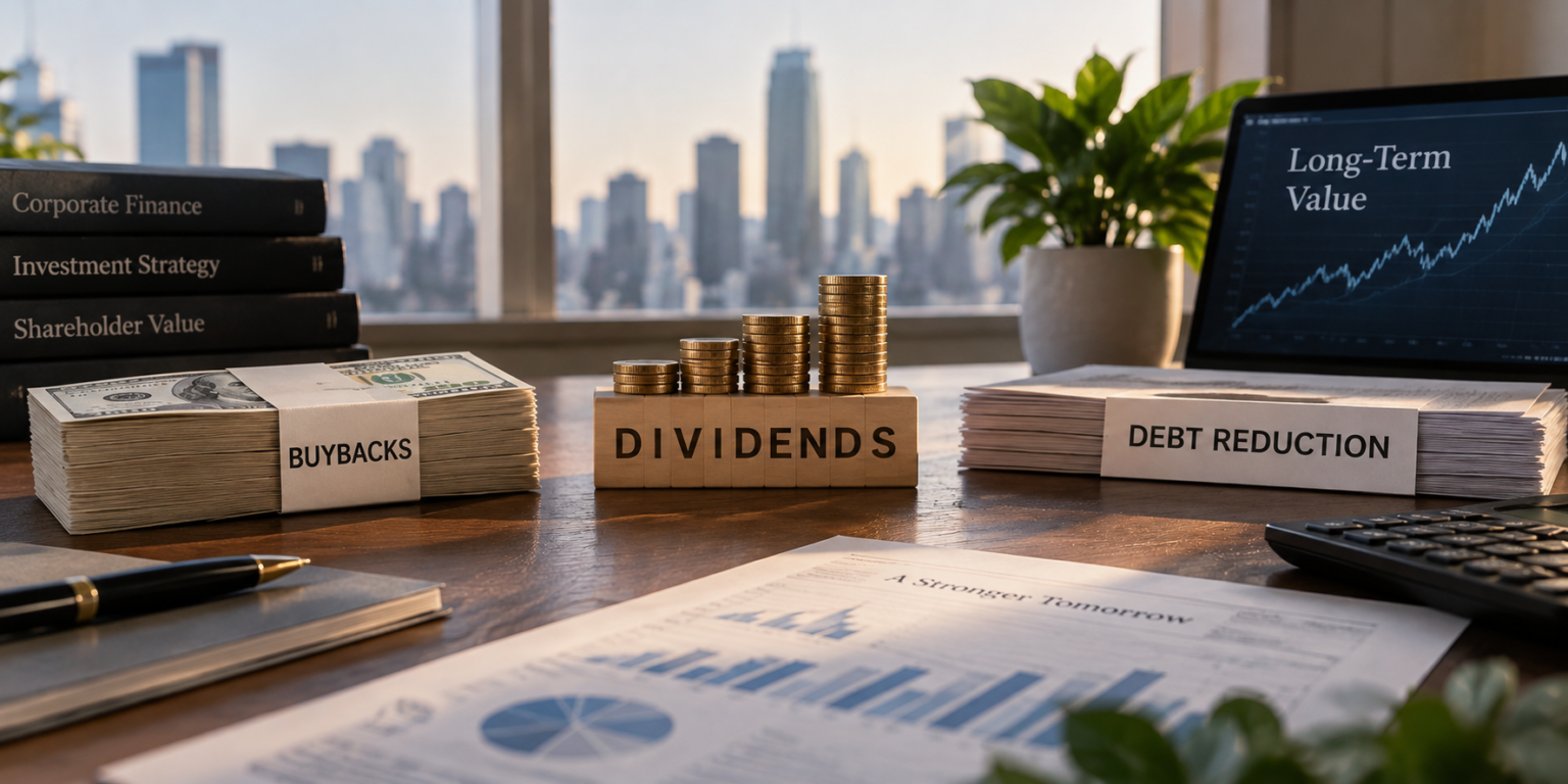 Shareholder value framework comparing share buybacks, dividend payments and corporate debt reduction