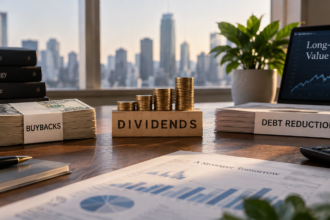Shareholder value framework comparing share buybacks, dividend payments and corporate debt reduction