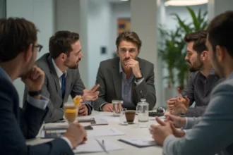 Team leaders using productive disagreement to evaluate different ideas during a workplace discussion