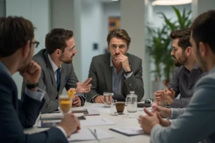 Team leaders using productive disagreement to evaluate different ideas during a workplace discussion