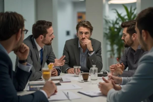 Team leaders using productive disagreement to evaluate different ideas during a workplace discussion