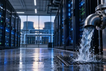 Data-centre water problem illustrated by cooling equipment beside an AI server campus in a water-stressed region