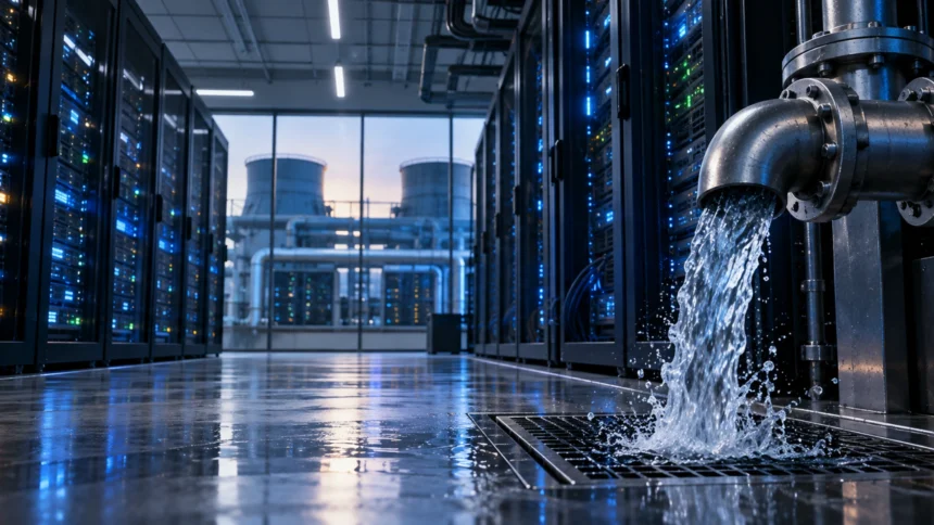 Data-centre water problem illustrated by cooling equipment beside an AI server campus in a water-stressed region