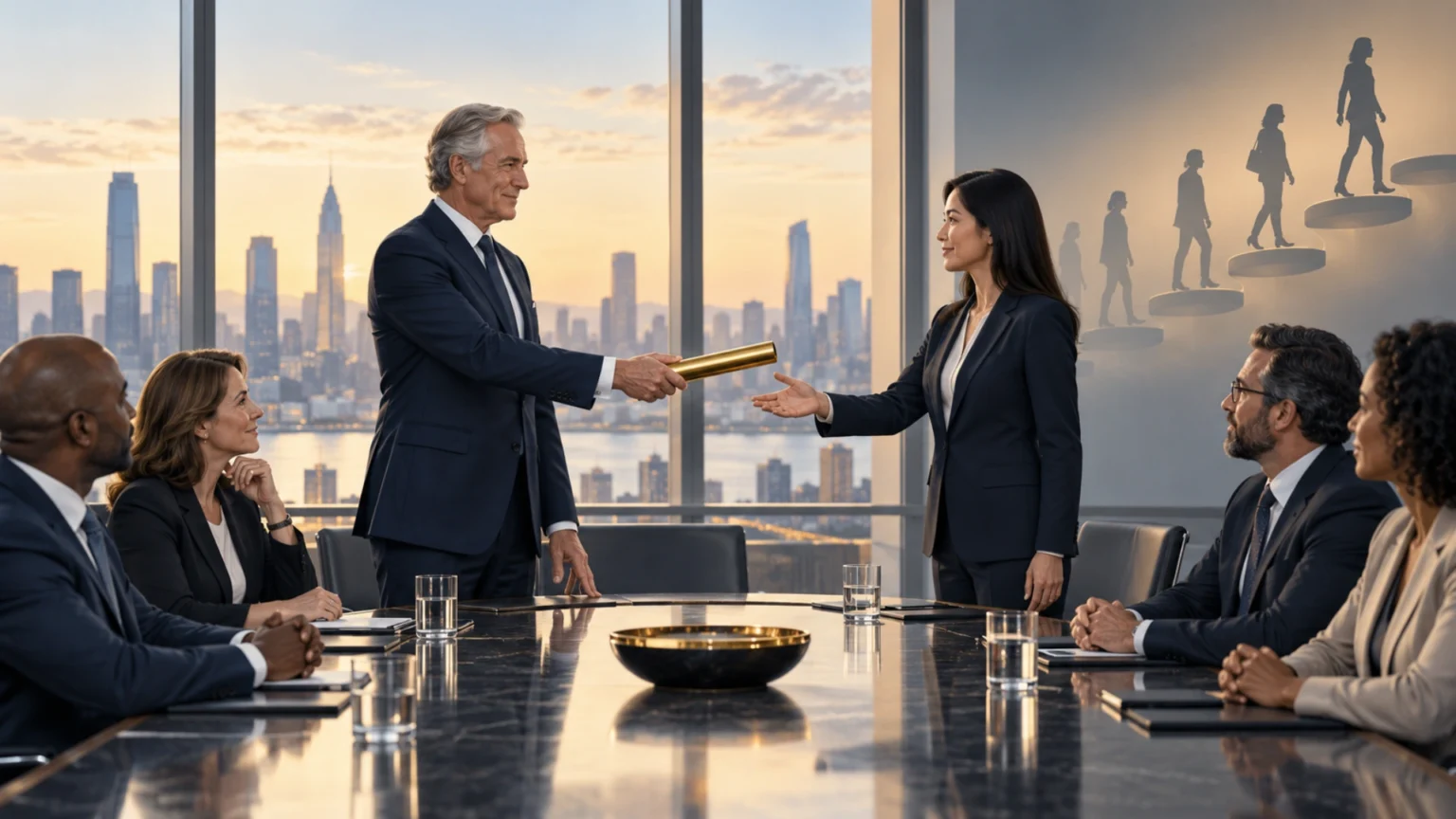 Board directors reviewing CEO succession planning with internal leadership candidates