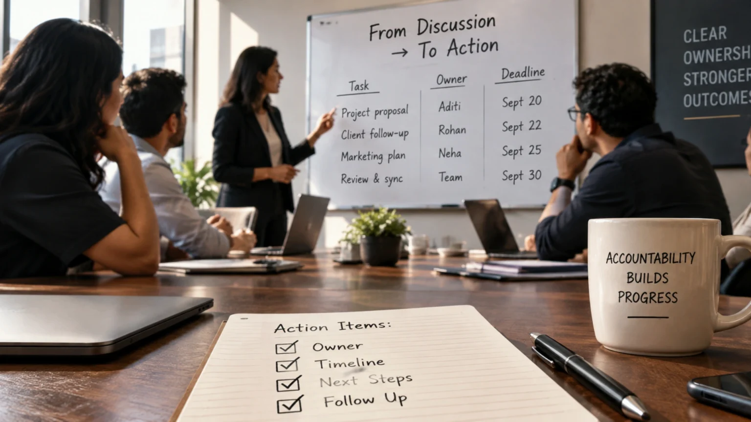 Meeting ownership and accountability with leaders assigning decisions, actions and deadlines