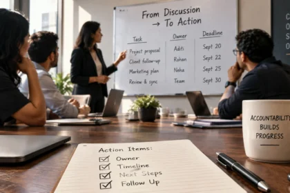 Meeting ownership and accountability with leaders assigning decisions, actions and deadlines