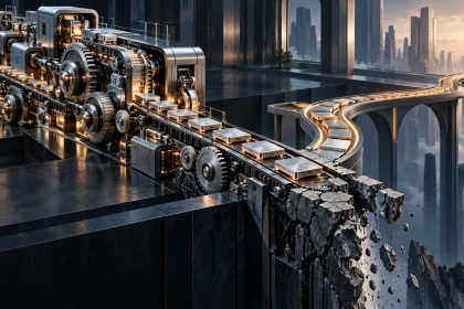 Operational excellence illustrated as a precision-built corporate machine running efficiently towards a fractured path while an adaptable route remains unused.