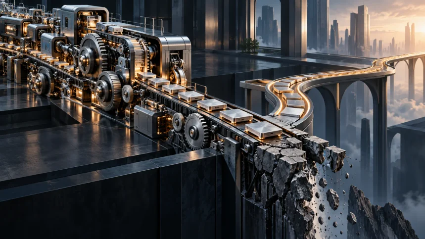Operational excellence illustrated as a precision-built corporate machine running efficiently towards a fractured path while an adaptable route remains unused.
