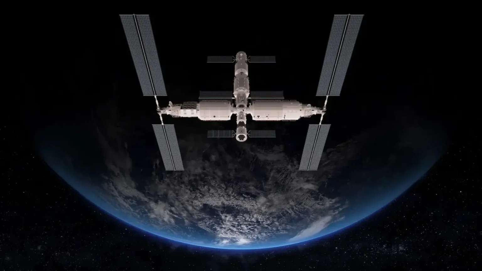 Illustration of data centers in space with solar panels and cooling radiators above Earth.
