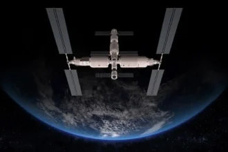 Illustration of data centers in space with solar panels and cooling radiators above Earth.