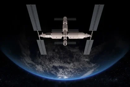 Illustration of data centers in space with solar panels and cooling radiators above Earth.