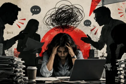 Editorial illustration of a toxic workplace culture showing isolated employees beneath an imposing manager