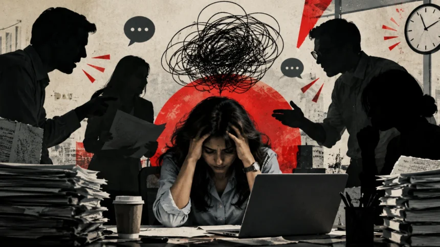 Editorial illustration of a toxic workplace culture showing isolated employees beneath an imposing manager