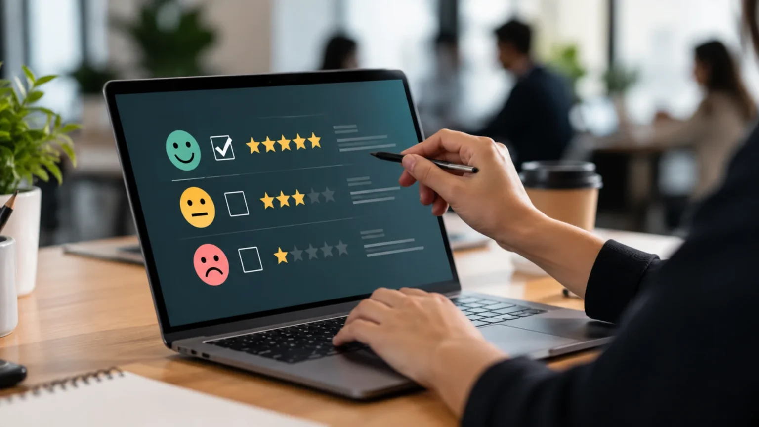 Employee engagement survey results displayed on a workplace dashboard as managers discuss how to turn workforce feedback into action.