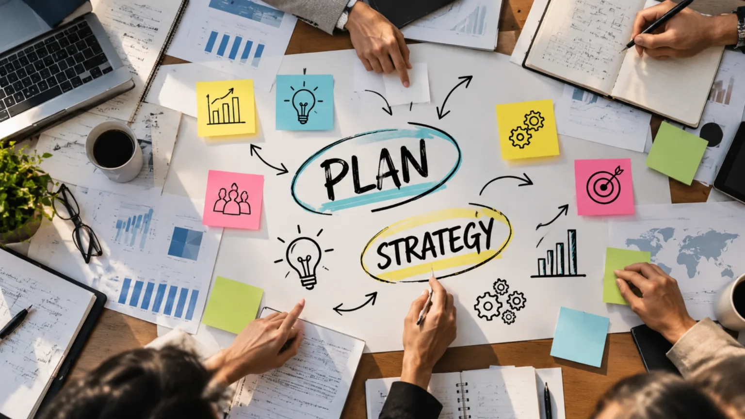 Change management strategies illustrated by colleagues building a connected pathway through a workplace.