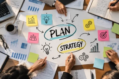 Change management strategies illustrated by colleagues building a connected pathway through a workplace.