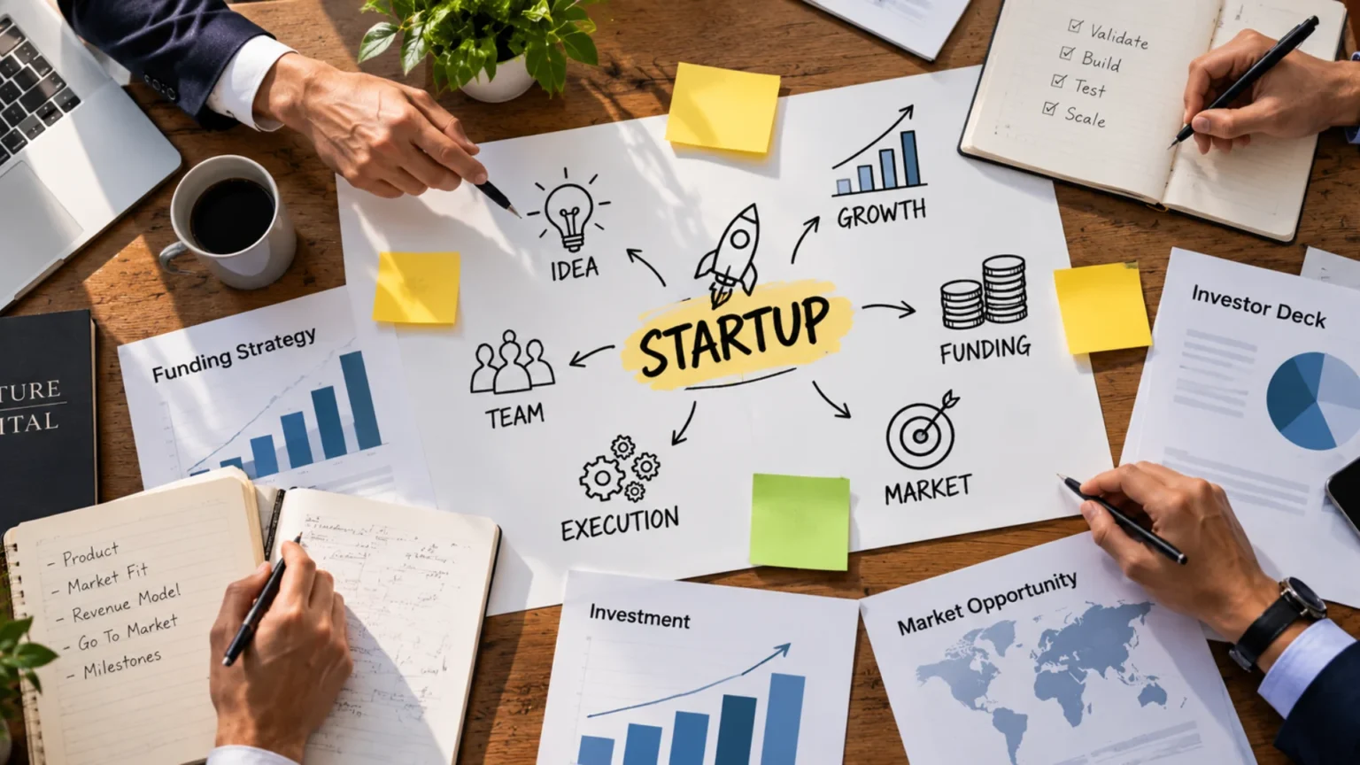 Startup fundraising lessons illustrated by cofounders discussing a business plan with an investor.