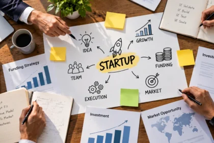 Startup fundraising lessons illustrated by cofounders discussing a business plan with an investor.