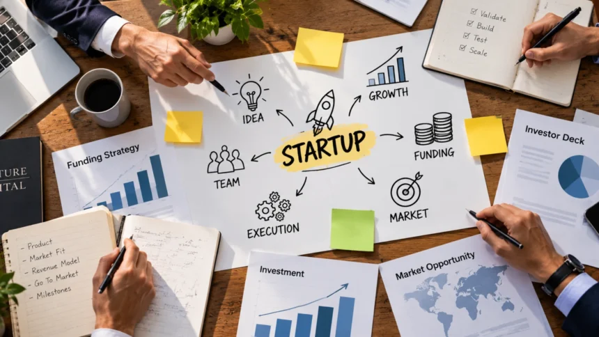 Startup fundraising lessons illustrated by cofounders discussing a business plan with an investor.