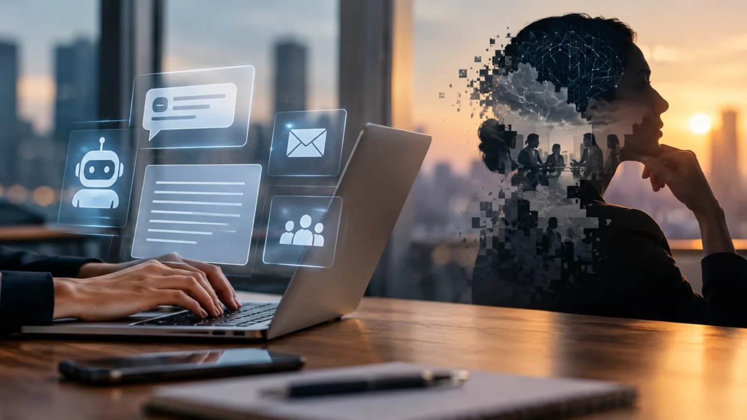 Business leader reviewing an AI-assisted message before discussing a decision with employees