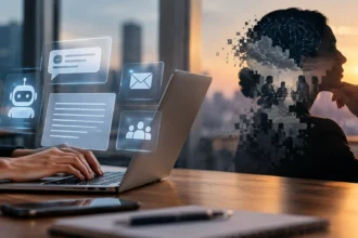 Business leader reviewing an AI-assisted message before discussing a decision with employees