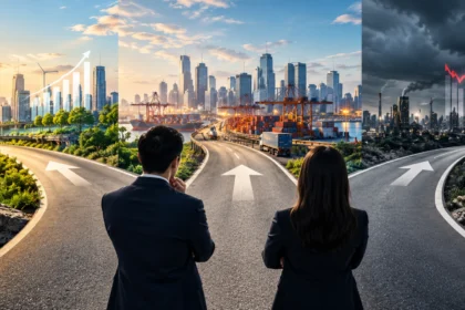 Executives comparing economic forecasts and investment scenarios for business planning