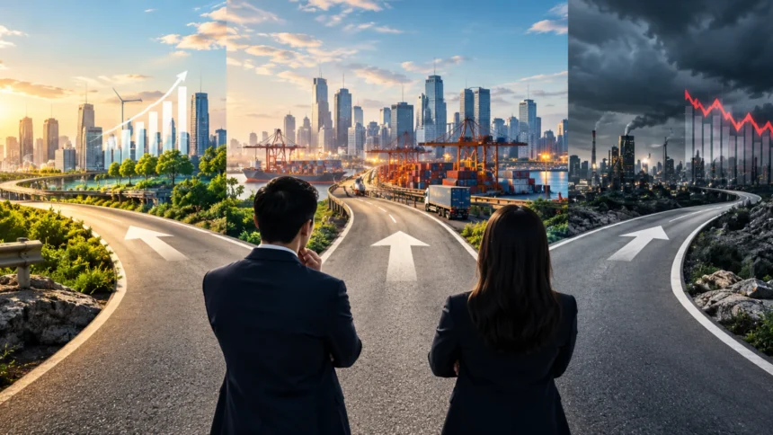 Executives comparing economic forecasts and investment scenarios for business planning